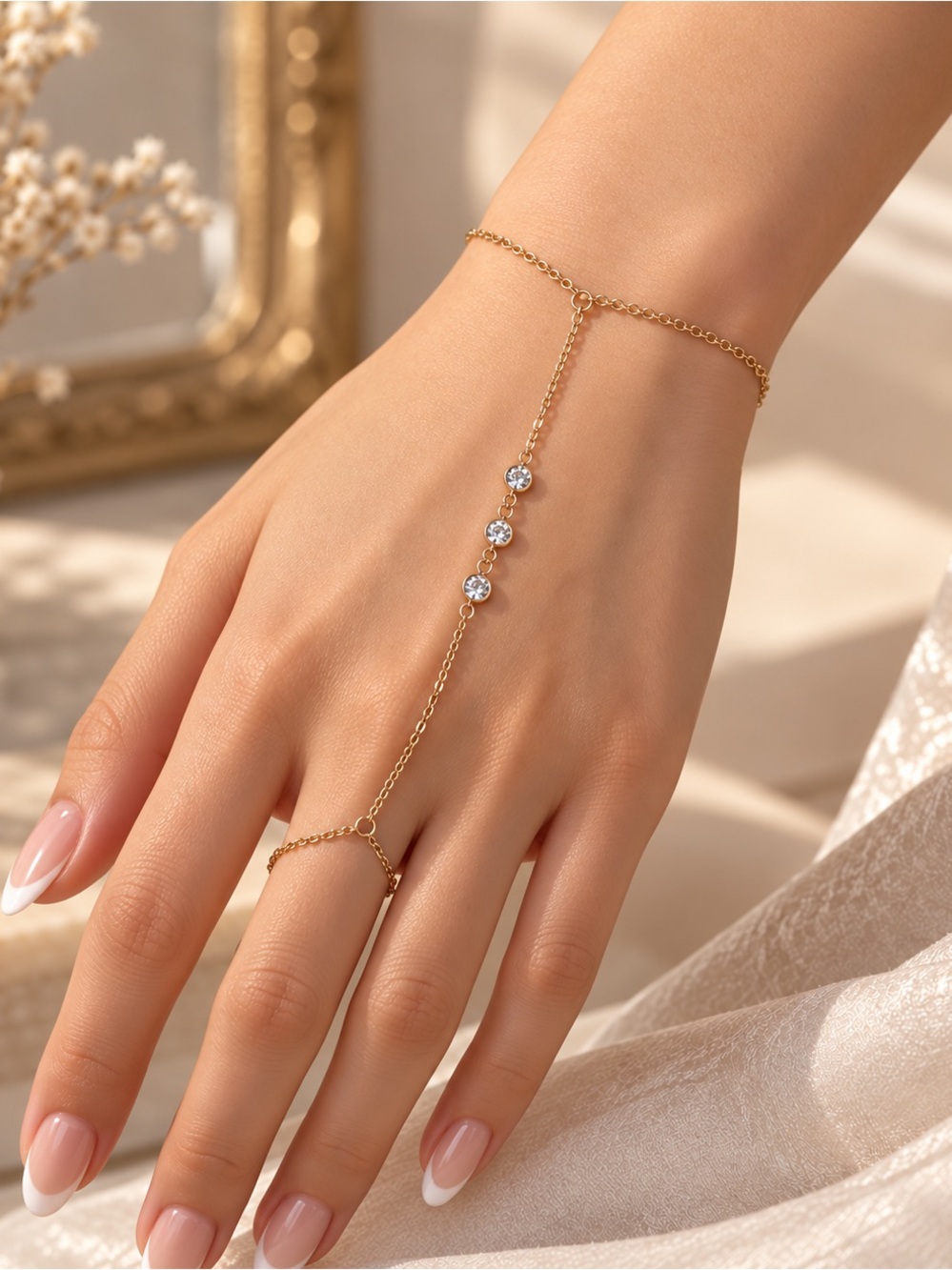 Gold Hand Chain Bracelet with Clear Stones